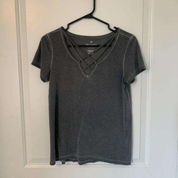 American Eagle Soft & Sexy Grey Distressed Tee (Small) - Picture 1 of 3